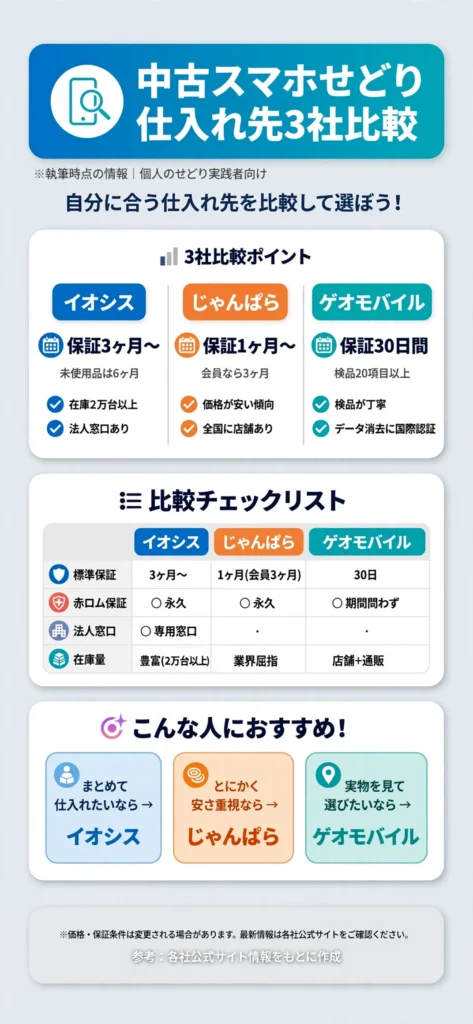 イオシス・じゃんぱら・ゲオモバイルの中古スマホせどり仕入れ先比較インフォグラフィック