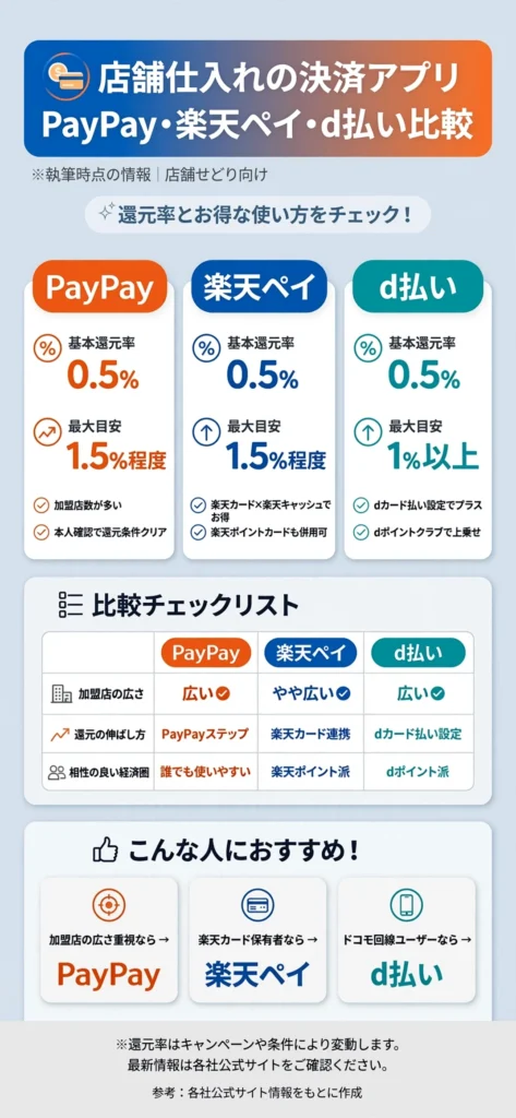 PayPay・楽天ペイ・d払いの還元率比較インフォグラフィック