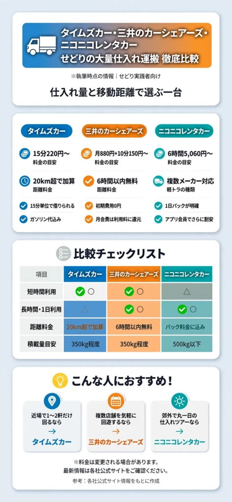 タイムズカー・三井のカーシェアーズ・ニコニコレンタカーの料金と積載量を比較したインフォグラフィック