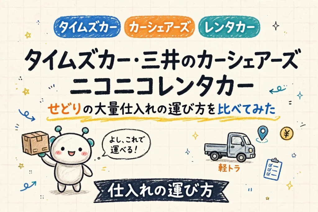 タイムズカー・三井のカーシェアーズ・ニコニコレンタカーでせどりの大量仕入れを運ぶ比較イラスト