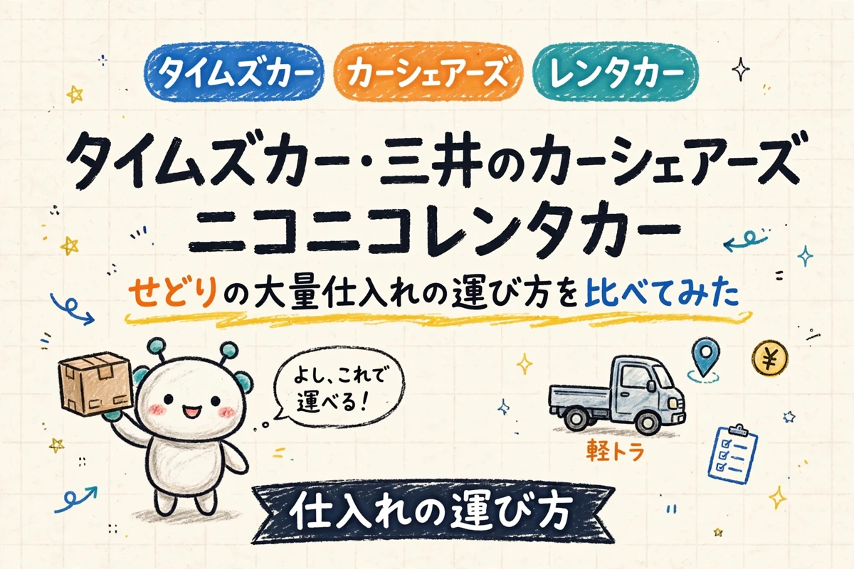 タイムズカー・三井のカーシェアーズ・ニコニコレンタカーでせどりの大量仕入れを運ぶ比較イラスト